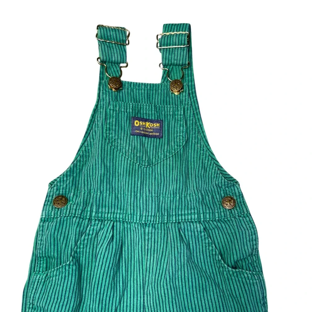 OshKosh B'gosh Overalls Kids 2T Green Hickory Stripe Good Vintage Made in USA
